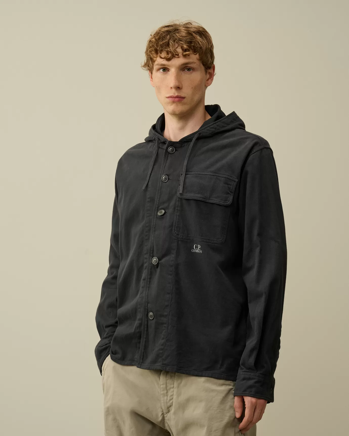 Armored Stretch Satin Hooded Buttoned Overshirt<C.P. Company Fashion